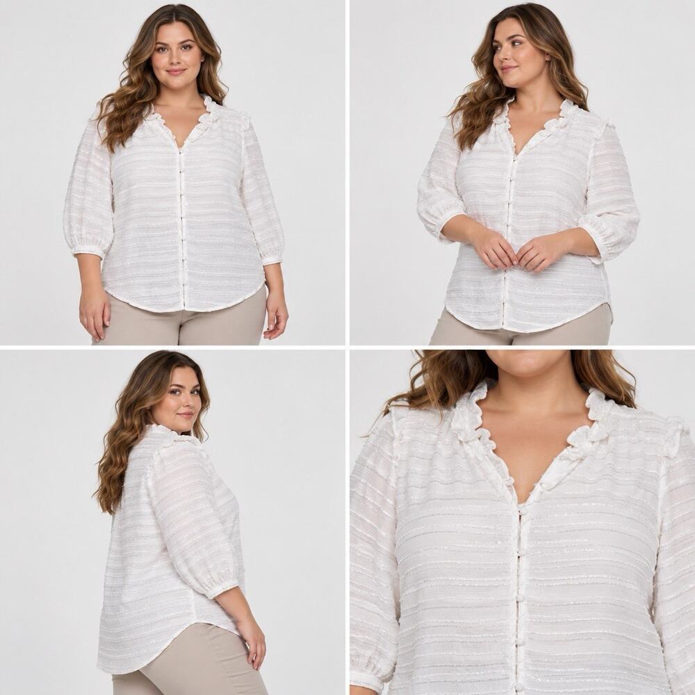 LC Lauren Conrad Blouse Womens XL White Textured Ruffle Neck Button Front